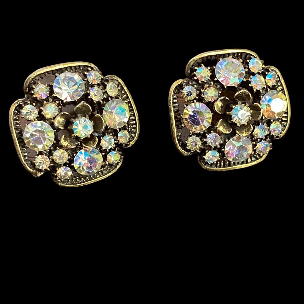 Vintage Florenza Aurora Borealis AB Rhinestone Gold Tone Clip Earrings Clover